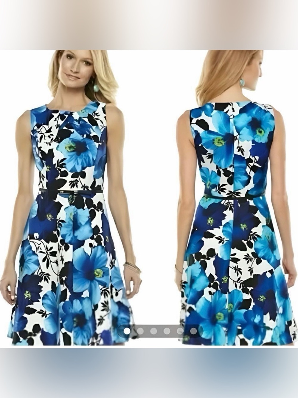 AB Studio Blue Floral Fit-and-Flare Dress Hibiscus Hawaiian Floral